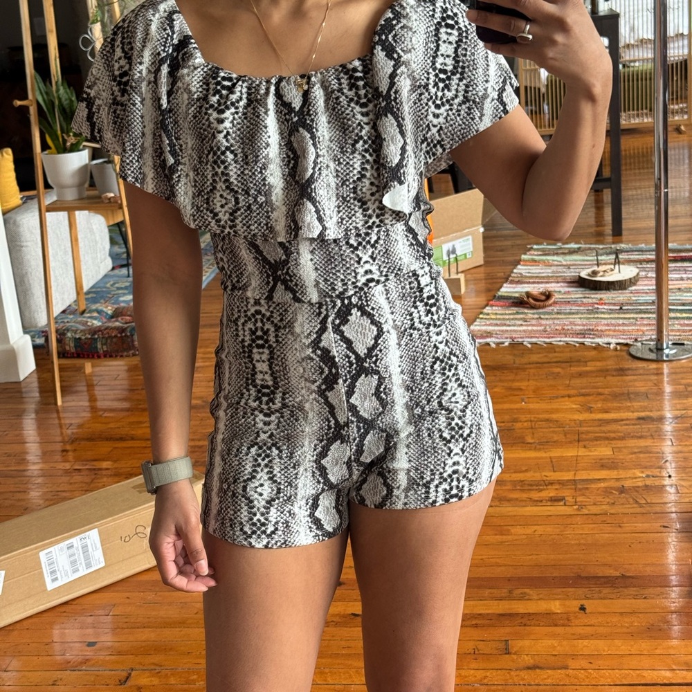 Snakeskin Print Ruffle Romper